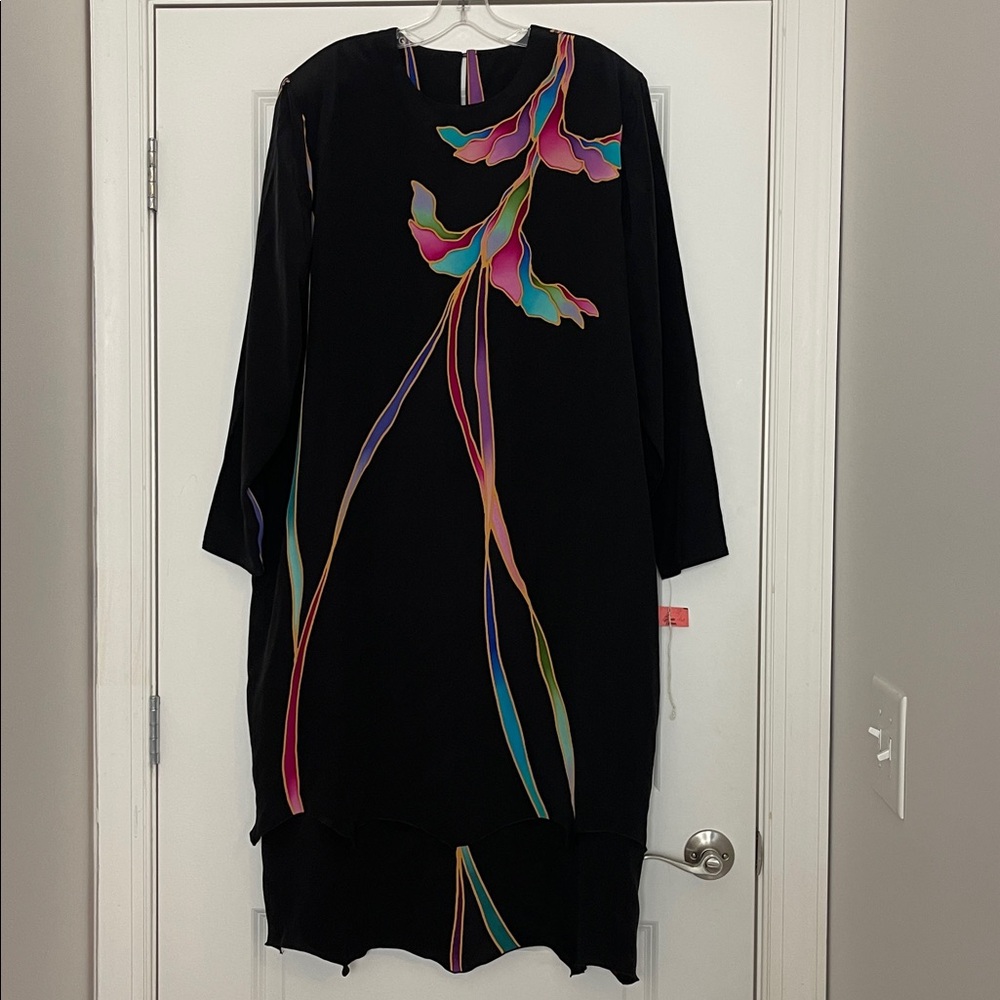 Yolanda Lorente Hand Painted 100% Silk Vintage Dress Size 2X Wearable Art